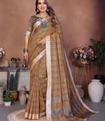 mustard color linen cotton fabric woven checks trendy ethnic saree