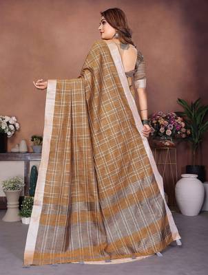 mustard linen cotton woven checks trendy ethnic saree 3