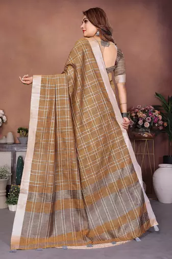 mustard linen cotton woven checks trendy ethnic saree
