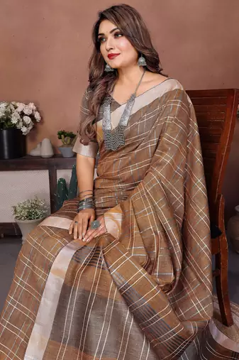 mustard linen cotton woven checks trendy ethnic saree
