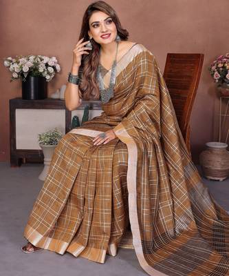 mustard linen cotton woven checks trendy ethnic saree 5