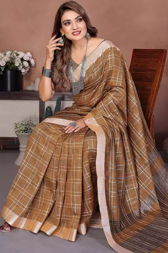 mustard linen cotton woven checks trendy ethnic saree