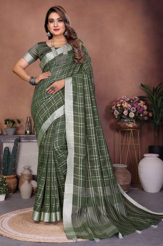 mahendi color linen cotton fabric woven checks designer trendy ethnic saree