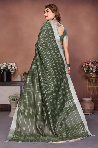mahendi linen cotton woven checks trendy ethnic saree