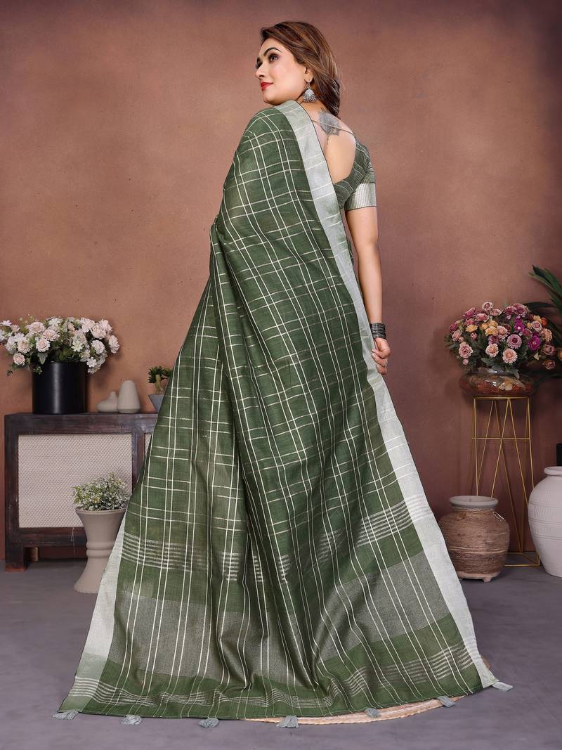 mahendi color linen cotton fabric woven checks designer trendy ethnic saree