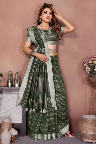mahendi linen cotton woven checks trendy ethnic saree