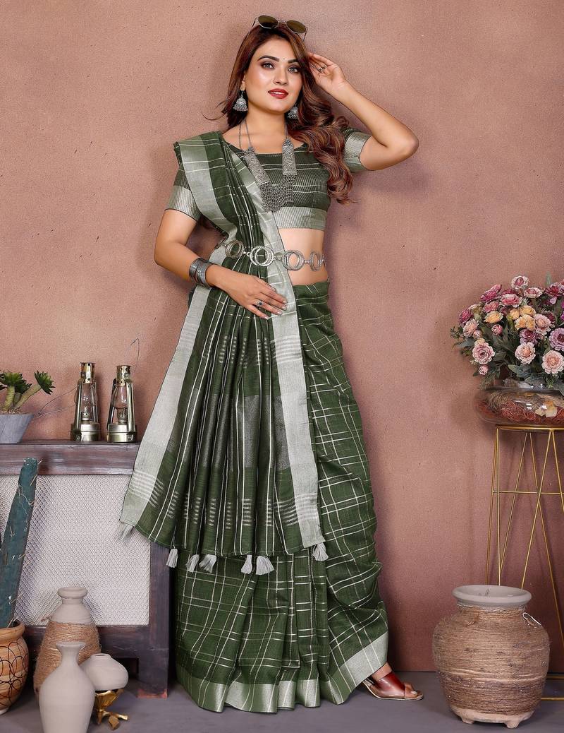 mahendi color linen cotton fabric woven checks designer trendy ethnic saree