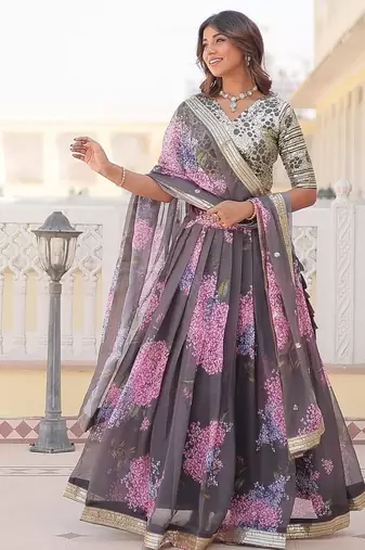 Grey Color Russian silk blend Printed Sequins Work Lehenga Choli With Dupatta