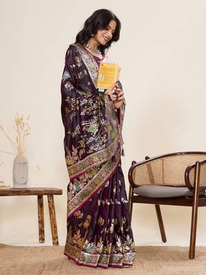 purple wevon zari meenakari ethnic partywear saree 4