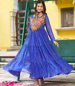 Blue Faux Georgette Kutchi Patchwork Gown for Women | Semi Stitched Traditional & Festive Wear Gown