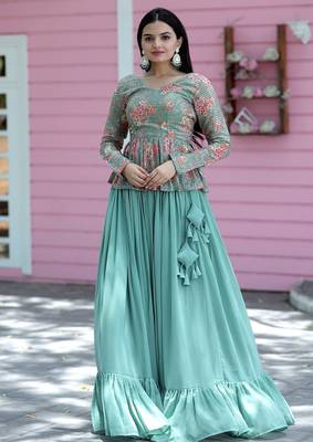 Sky Blue Georgette Digital Printed Sequence Work Lehenga Choli 5