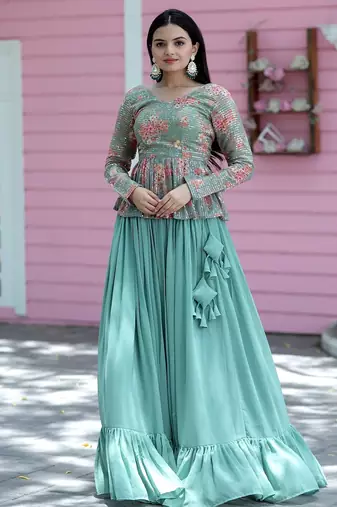 Sky Blue Georgette Digital Printed Sequence Work Lehenga Choli