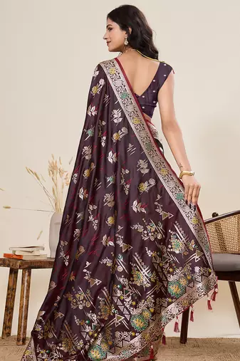 wine wevon zari meenakari ethnic partywear saree