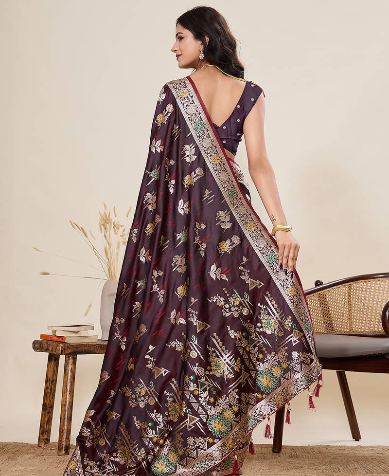 wine color wevon jari meenakari designer ethnic partywear saree