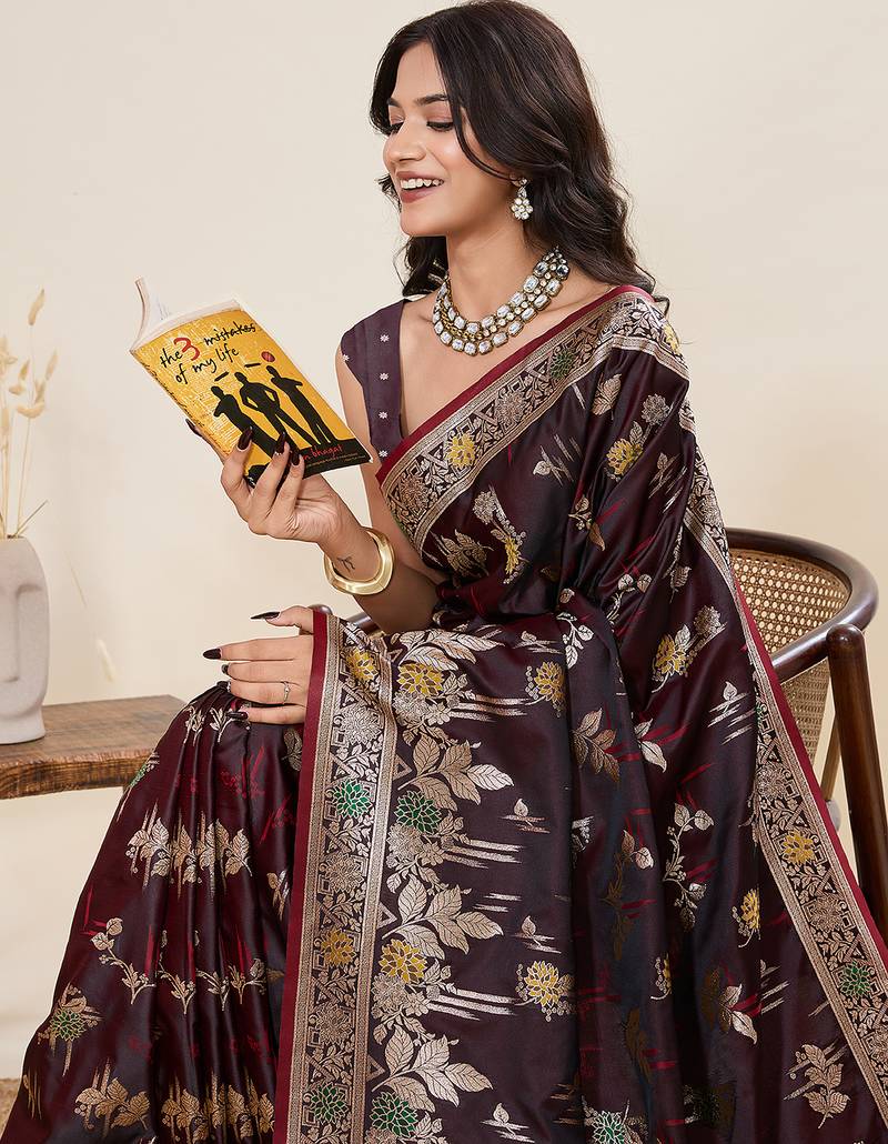 wine color wevon jari meenakari designer ethnic partywear saree