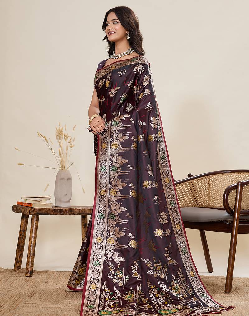 wine color wevon jari meenakari designer ethnic partywear saree