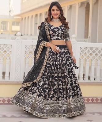 Black Viscose Jacquard Embroidered Sequins Work Lehenga Choli With Dupatta 3