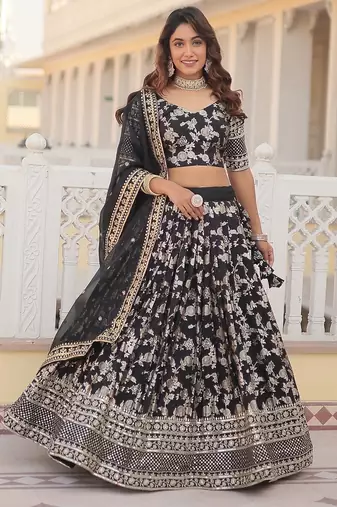 Black Color Viscose Jacquard Embroidered Sequins Work Lehenga Choli With Dupatta