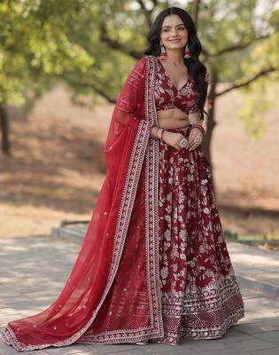 Maroon Color Viscose Jacquard Embroidered Sequins Work Lehenga Choli With Dupatta 5
