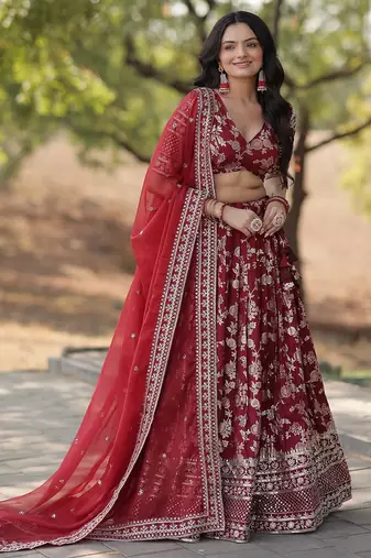 Maroon Color Viscose Jacquard Embroidered Sequins Work Lehenga Choli With Dupatta