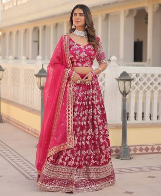 Pink Color Viscose Jacquard Embroidered Sequins Work Lehenga Choli With Dupatta 4