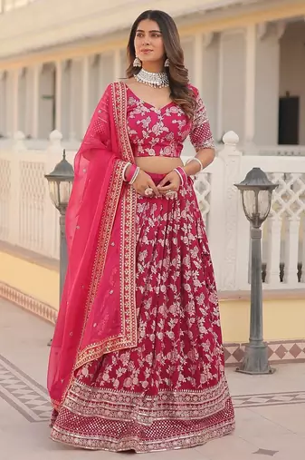Pink Color Viscose Jacquard Embroidered Sequins Work Lehenga Choli With Dupatta