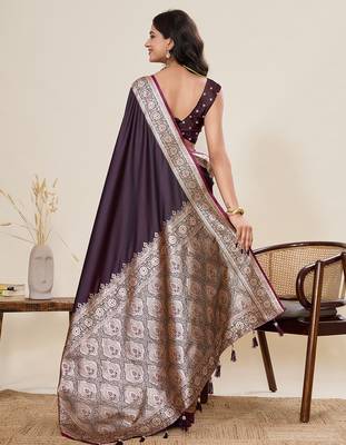 wine satin silk blend wevon zari graceful partywear saree 2