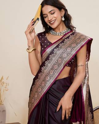 wine satin silk blend wevon zari graceful partywear saree 3