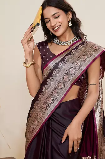 wine satin silk blend wevon zari graceful partywear saree
