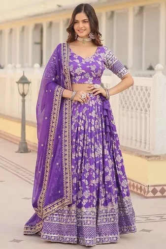 Purple Color Viscose Jacquard Embroidered Sequins Work Lehenga Choli With Dupatta