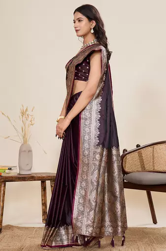 wine satin silk blend wevon zari graceful partywear saree