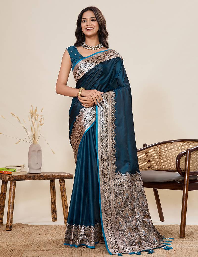 teal color satin silk blend fabric wevon jari designer graceful partywear saree