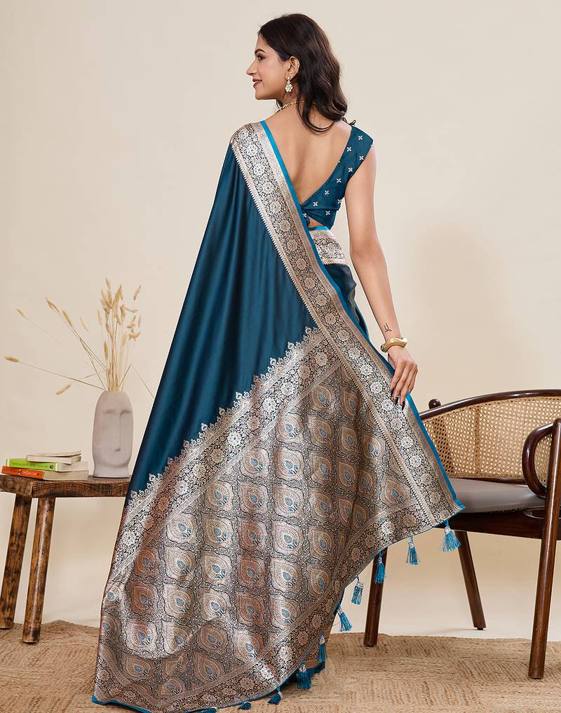 teal color satin silk blend fabric wevon jari designer graceful partywear saree