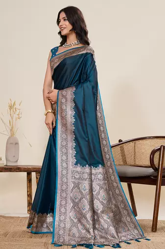 teal satin silk blend wevon zari graceful partywear saree