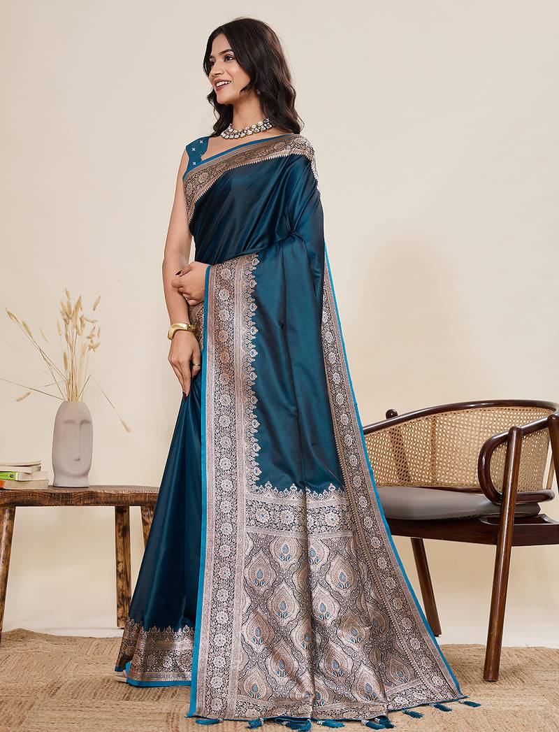 teal color satin silk blend fabric wevon jari designer graceful partywear saree