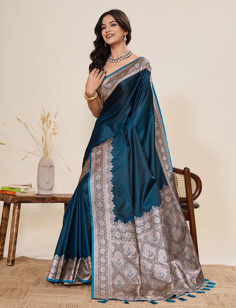 teal color satin silk blend fabric wevon jari designer graceful partywear saree