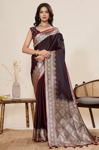 brown color satin silk blend fabric wevon jari designer graceful partywear saree