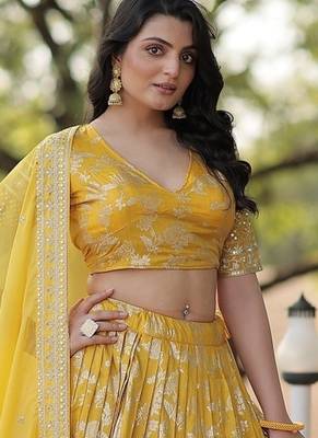 Yellow Color Viscose Jacquard Embroidered Sequins Work Lehenga Choli With Dupatta 5