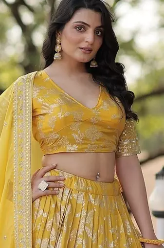 Yellow Color Viscose Jacquard Embroidered Sequins Work Lehenga Choli With Dupatta