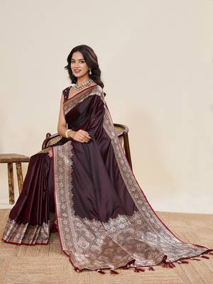 brown satin silk blend wevon zari graceful partywear saree 5
