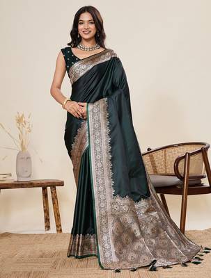 green satin silk blend wevon zari graceful partywear saree 1