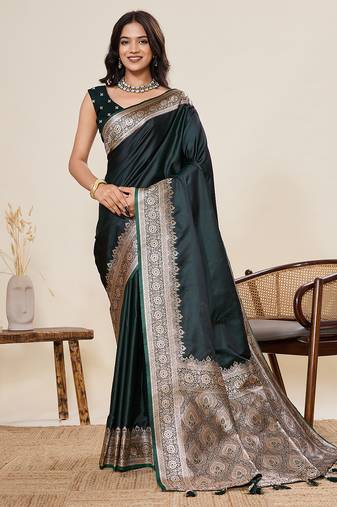 green color satin silk blend fabric wevon jari designer graceful partywear saree