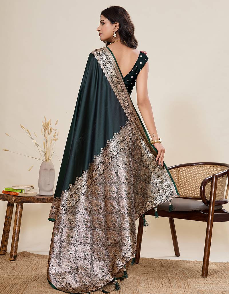 green color satin silk blend fabric wevon jari designer graceful partywear saree