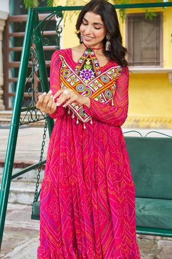 Pink Faux Georgette Kutchi Patchwork Gown for Women | Semi Stitched Traditional & Festive Wear Gown