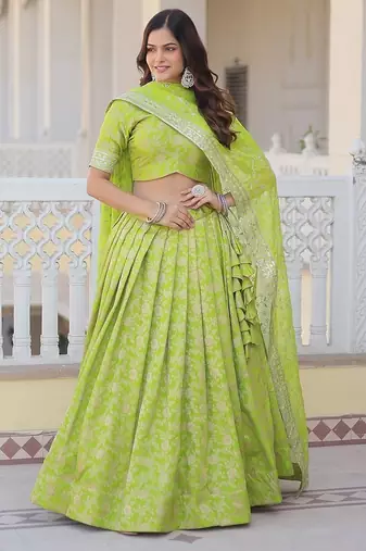Green Color Viscose Jacquard Embroidered Sequins Work Lehenga Choli With Dupatta