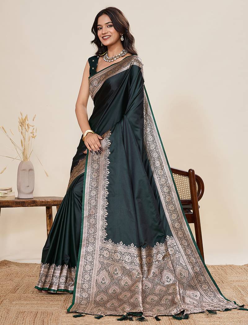 green color satin silk blend fabric wevon jari designer graceful partywear saree