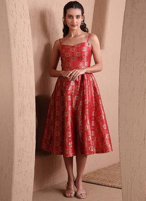Red faux banarasi brocade fit & flare midi dress with zari weaving work 1