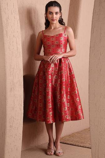 Women's red faux banarasi brocade festive fit & flare midi dress with zari weaving work