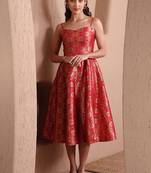 Red faux banarasi brocade fit & flare midi dress with zari weaving work
