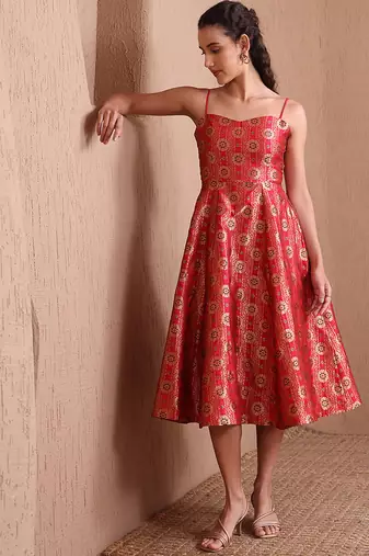 Red faux banarasi brocade fit & flare midi dress with zari weaving work